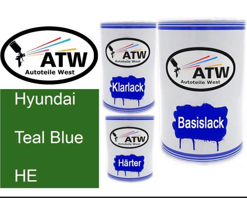 Hyundai, Teal Blue, HE: 500ml Lackdose + 500ml Klarlack + 250ml Härter - Set, von ATW Autoteile West.